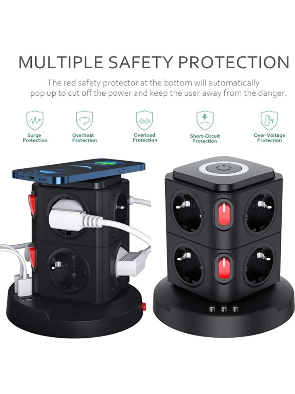 Termal Akım Korumalı Isıya Dayanıklı 3 Usb 8 Priz Ve Wireless Kablosuz Şarj 2.4 Amper Kablolu Priz