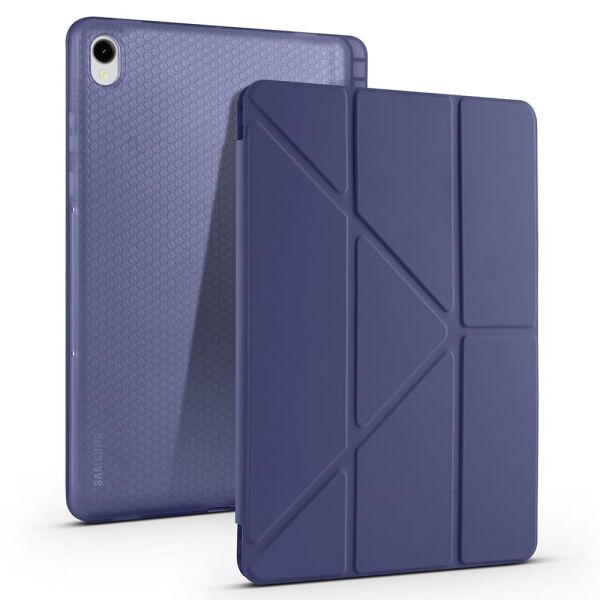 Galaxy Tab S11 ile Uyumlu Tri Folding Kalem Bölmeli Standlı Tablet Kılıfı, Lacivert