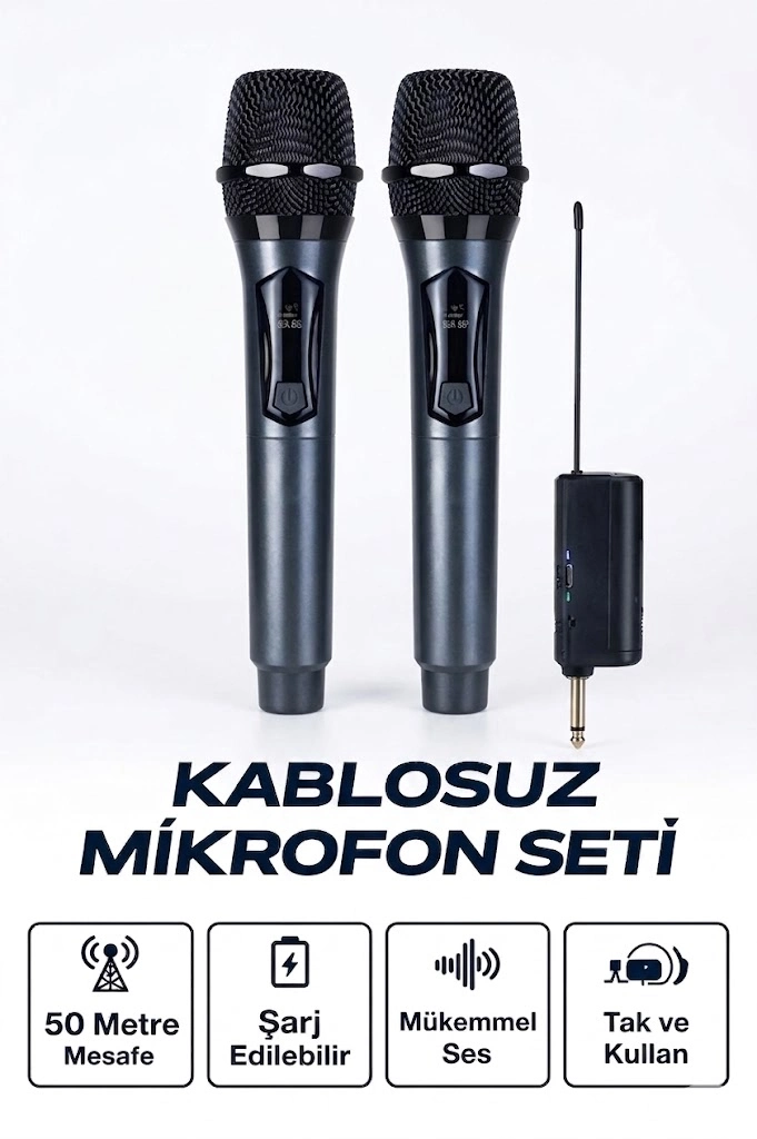 Profesyonel Çiftli Kablosuz Mikrofon Seti Karaoke Şarj Edilebilir 50 Metre