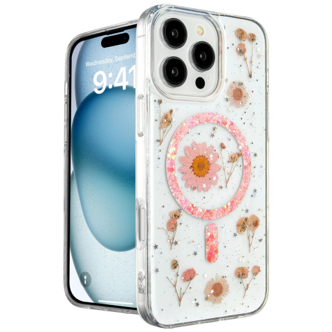 Apple İphone 16 Pro Kılıf Daisy Simli Magsafe Kapak - Pembe