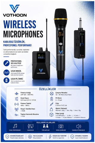 Mikrofon Seti Uhf Çift Kanal Profesyonel El Mikrofonu 50-80m Menzil