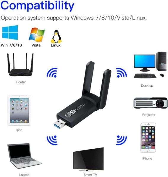 1300Mbps Wireless Adaptör WiFi Ağ Kartı Masaüstü Bilgisayar PC ile Uyumlu Realtek Rtl 8812BU USB3.0 WiFi Adaptör, 2.5G 5G 5.8G Wireless Adaptör, USB WiFi Alıcı USB 1.1,2.0,3.0 (AC1300)
