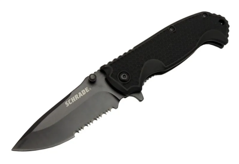 Schrade 5-1 Siyah Kamp Çakı 20cm- Yarı Otomatik, Testere Detaylı, Kemerlikli