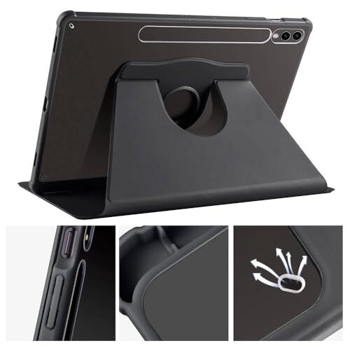Samsung Galaxy Tab S9 FE Plus/S10 Plus/S9 Plus uyumlu Kılıf, Termik Kalem Bölmeli Dönebilen Standlı Case, Siyah