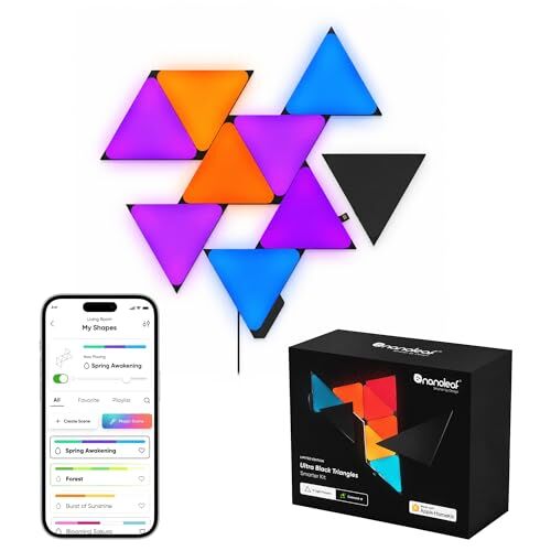 Shapes Ultra Siyah Üçgen Başlangıç Seti, 9 Adet Akıllı Rgbw Üçgen LED Panel, Modüler Wi-Fi Duvar Aydınlatması, 16 Milyon Renk, Alexa, Google ve Apple ile Uyumlu