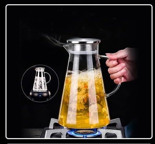1,8 L Borosilikat Ateşe Dayanıklı Cam Konik Sürahi, Metal Kapaklı