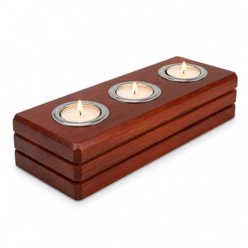 El Yapımı Ahşap Tealight Mumluk, Ceviz Rengi, 3 Mum Kapasiteli, 27x11x6 cm
