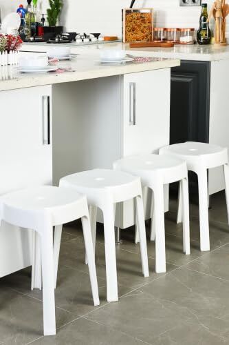 36x36 cm Beyaz Plastik Tabure, Kaymaz Ayaklı, İç İçe Geçebilen, 150 kg Kapasiteli, 4 Adet