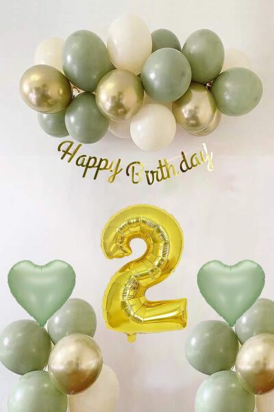 Adaçayı Konsept Doğum Günü Seti; Küf Yeşili-Krom Gold- Deniz Kumu ve Adaçayı Kalp Folyo Balon (2)