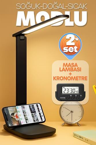 2'li Set Şarjlı Masa Lambası + Kronometreli Öğrenci Saati Mod Ayarlı Ders Çalışma Okuma Lambası 7032S