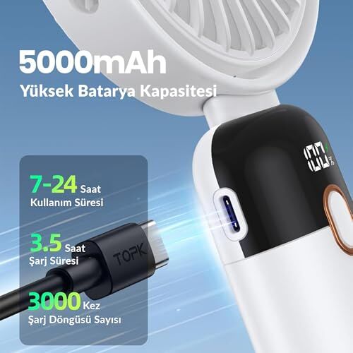 K70 Taşınabilir Şarjlı El Vantilatörü 2400 mAh 360° Döner Başlıklı Standlı Dijital Ekranlı Soğutucu Fan Siyah