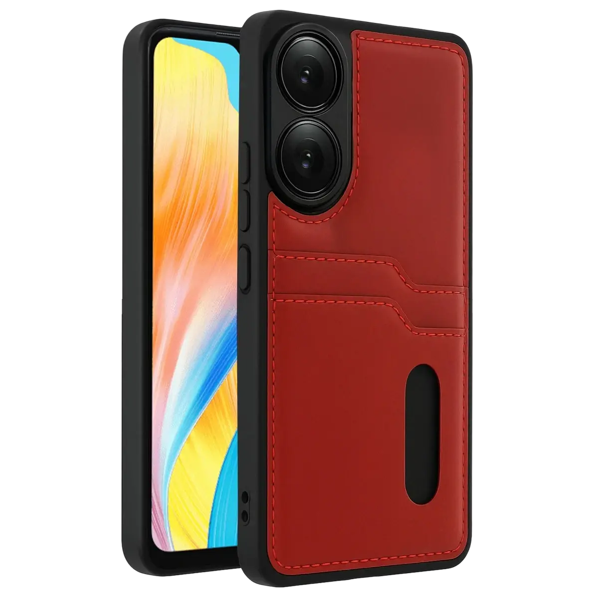 Oppo A38 Sara Kartvizitli Deri Kılıf - Kırmızı