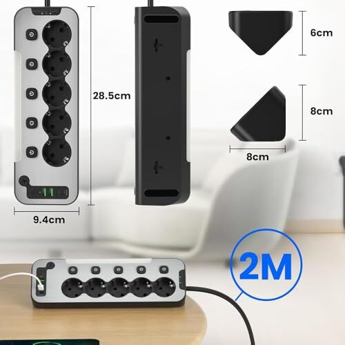 Bağımsız Anahtarlı Işıklı Akım Korumalı Çoklu Priz, 4000W, 5'li, 2 Metre Kablo, 2x USB - 2x Type-C Giriş, Metal Ön Panel Uzatma Kablosu Köşe Beşli Priz, Topraklı