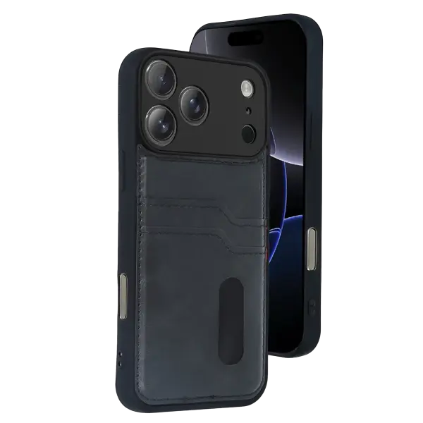 Apple iPhone 17 Pro Sara Kartvizitli Deri Kılıf - Siyah