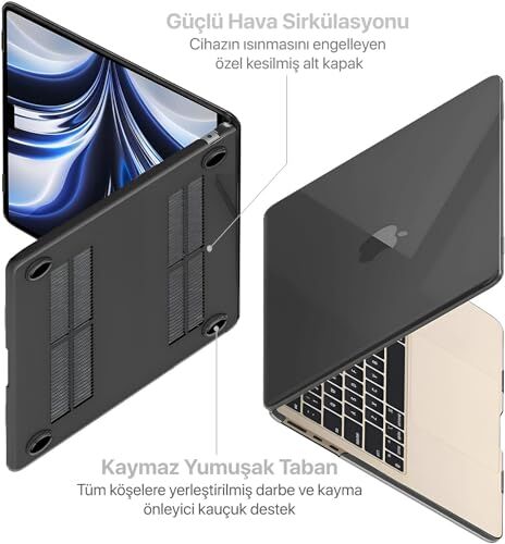 MacBook Air 15,3 uyumlu M5 (A3448) M4 (A3241) M3 (A3114) M2 (A2941) polikarbonat sert koruyucu kılıf, siyah şeffaf, 15 inç 2023-2026