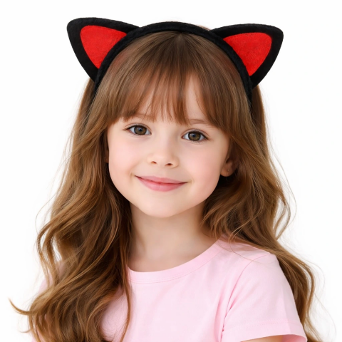 Peluş Kedi Kulak Taç Kırmızı Siyah – Çocuk Parti  Kostüm Tacı