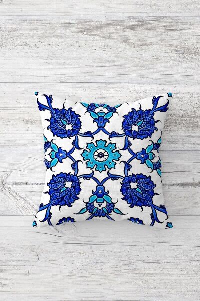 Ottoman Desenli Çift Taraflı Baskılı Gizli Fermuarlı Yastık Kılıfı, lacivert-mavi, 45 x 45