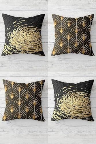 Saksıda Kaktüs ve Üçgen Desenli Gizli Fermuarlı Kırlent Kılıfı Takımı (4adet), Koyu Gri-Gold 45 x 45