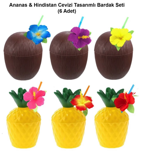 Ananas  Hindistan Cevizi Tasarımlı Pipetli Bardak Seti (6 Adet)
