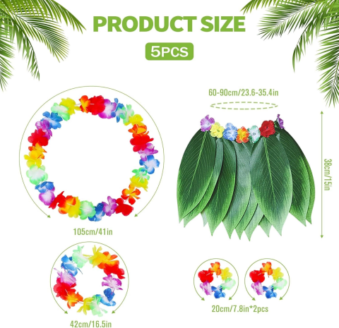 Yetişkin Hawaii Kostüm Seti - Yaprak Etek  Hawaii Set - 5 Parça