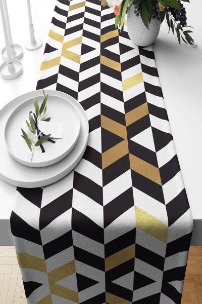 Çok Renkli Geometrik Desenli Leke Tutmaz Kumaş Runner, Turuncu-Pembe, 40 x 140