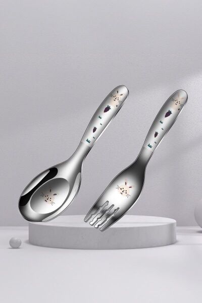 Komple 316 Çelik Tavşan Baskılı Bebek Çocuk Kaşık ve Çatal Set cin616