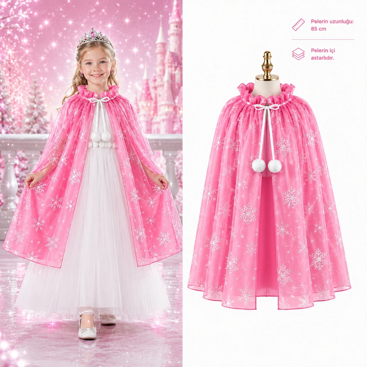 Kar Tanesi Desenli Pembe Elsa Pelerini - Astarlı Frozen Pelerini 85 Cm