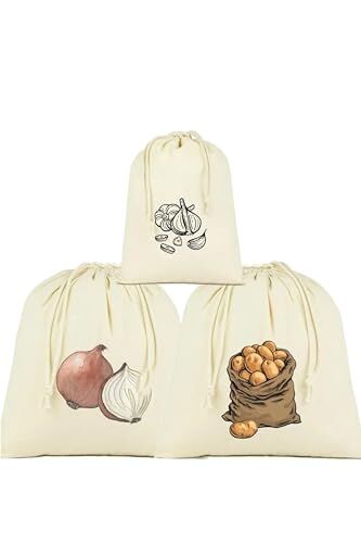 Patates, Soğan ve Sarımsak Saklama Torbası, 3'lü Set, Ham Bez Kumaş, Çekme İpli