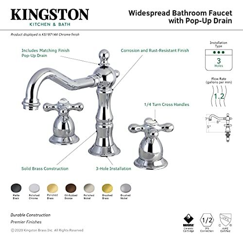 KS1971AX Heritage Widespread Lavabo Musluğu, Metal Çapraz Kulp, Cilalı Krom