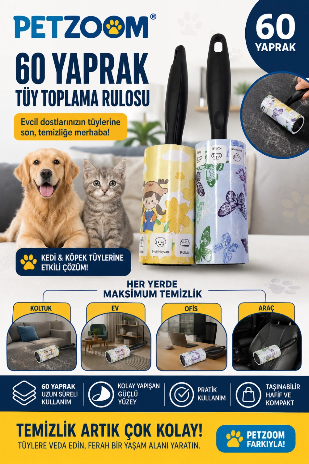 60 Yaprak Tüy Toplama Rulosu Kedi Köpek Tüy Toplayıcı Ev Koltuk Araç Ofis Temizlik Rulosu