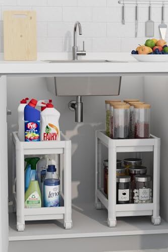 2 Katlı Tekerlekli Düzenleyici Raf, Beyaz, Mutfak ve Banyo için