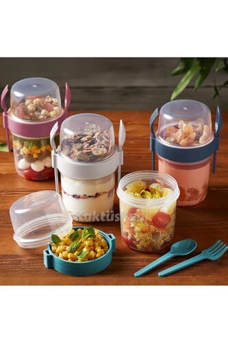 4'lü Set Çatallı Kaşıklı Atıştırmalık Yemek Yoğurt Müsli Granola Diyet Kabı - Yemek Saklama Kabı 716776