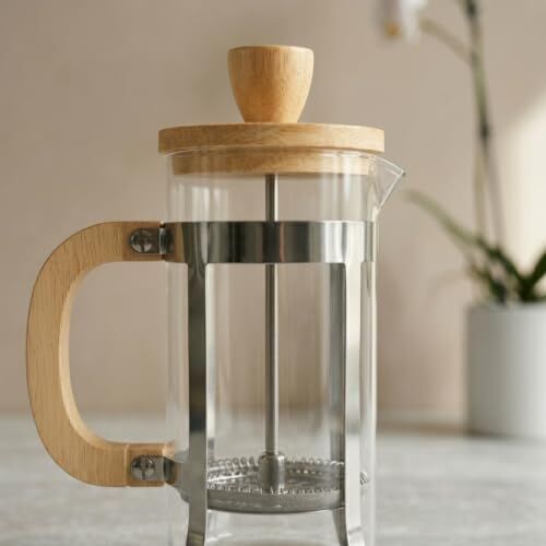 350 ml French Press Kahve ve Bitki Çayı Demliği, Paslanmaz Çelik İç Yapı, Akasya veya Bambu Ahşap Detay Seçenekleri, Lüks Borosilikat Cam Tasarım, Bambu Kulp