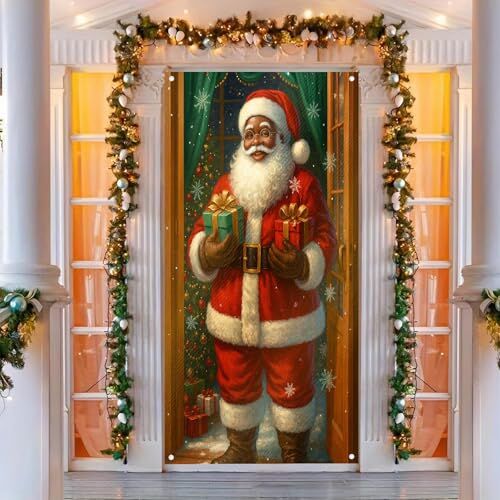 Merry Christmas Kapı Örtüsü, 171 x 71 cm, Noel Baba, Kar Taneleri ve Noel Ağacı Temalı