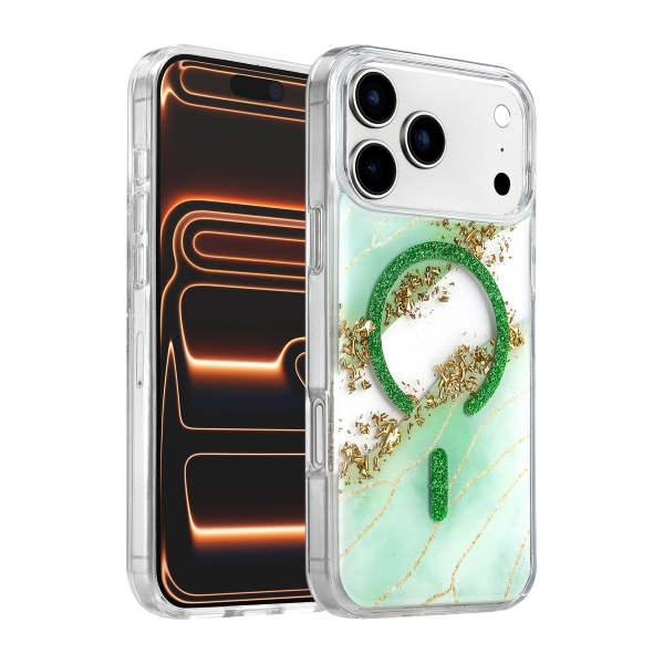 Onegif Apple İphone 17 Pro Max Lotus Simli Magsafe Kapak - Yeşil