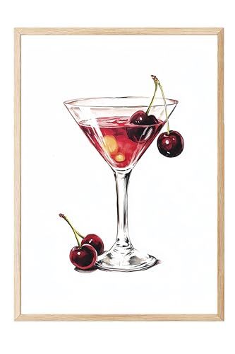 Ahşap Çerçeveli Tablo, Kirazlı Kokteyl, Beyaz Arka Plan, Aquarelle Stil Poster No: 107174 30 x 40