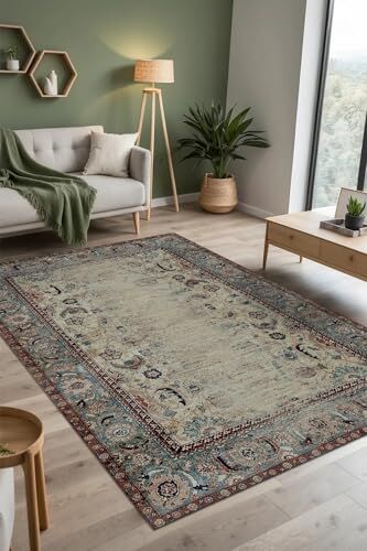 Laloven Vintage Desenli Şönil Pamuk Tabanlı Yıkanabilir Kaymaz Antibakteriyel Salon Halısı 140x200