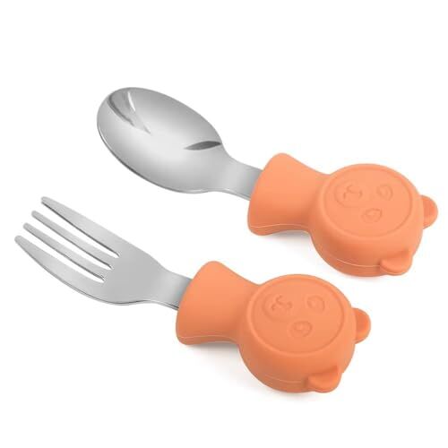 304 Çelik Panda Bebek Kaşık Çatal Seti, Bpa İçermez, Ergonomik, Kaymaz, Turuncu