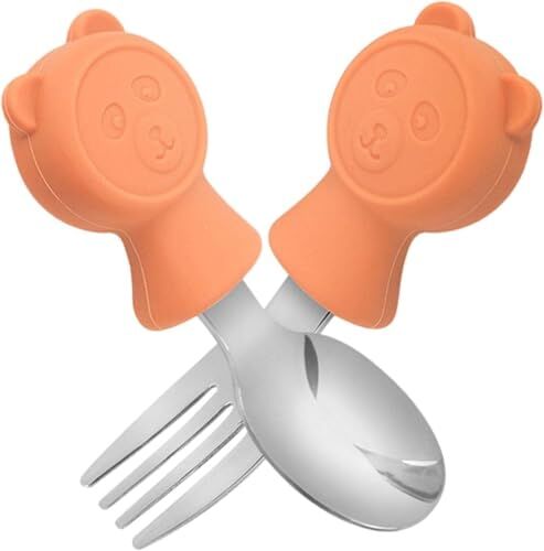 304 Çelik Panda Bebek Kaşık Çatal Seti, Bpa İçermez, Ergonomik, Kaymaz, Turuncu