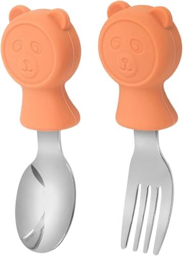 304 Çelik Panda Bebek Kaşık Çatal Seti, Bpa İçermez, Ergonomik, Kaymaz, Turuncu