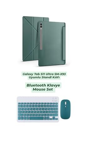 Samsung Galaxy Tab S11 Ultra, S12 Ultra Tablet Kılıfı, Bluetooth Klavye ve Mouse Set, Standlı (Koyu Yeşil)