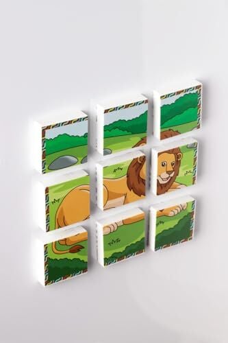 Manyetik Blok, Çift Taraflı, 9 Parçalı, Mıknatıslı Puzzle, 2 Görsel, Aslan-Zebra Yapboz