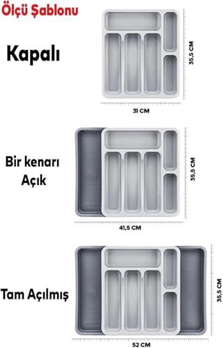 6 Bölmeli Büyütülebilir Ayarlanabilir Kaymaz Kaşıklık, Çekmece İçi Çatal Kaşık Bıçak Düzenleyici, Antrasit Gri
