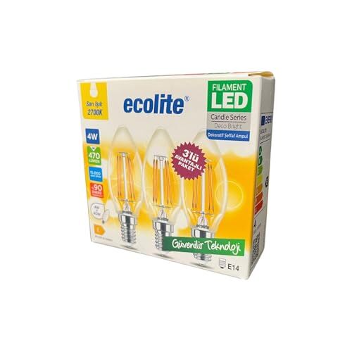 4W LED filament mum ampul, E14 duy, 2700K sarı ışık, 470 Lümen, şeffaf cam, dekoratif lamba, 3'lü paket