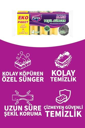 Klasik Yeşil Oluklu Sünger 4'lü + 2'li Ovma Teli