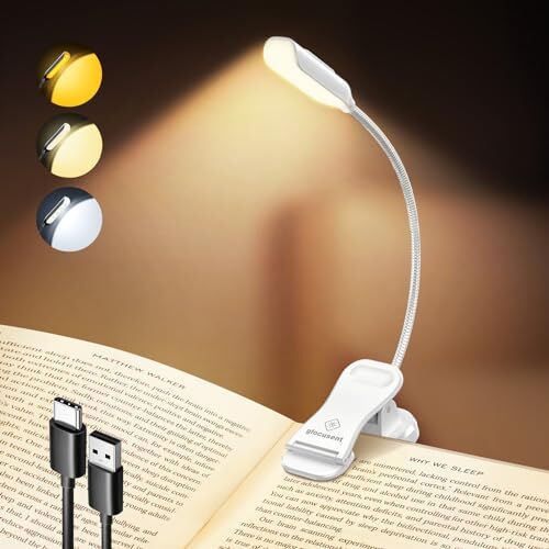 Söğüt Yatakta Kitaplar için Okuma Işıkları, 10LED Parlak Kitap Işığı, 3 Renk ve 3 Parlaklık, Şarj Edilebilir, 80 saat, Klipsli (Beyaz)