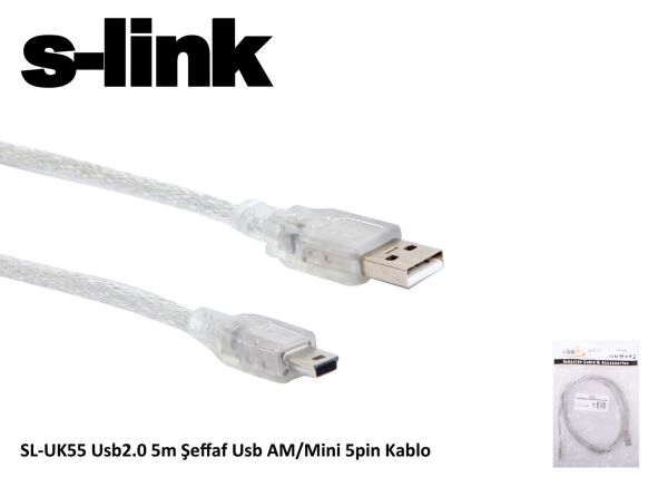 Kablo, SL-UK55 Usb2.0 5m Şeffaf Usb AM/Mini 5pin