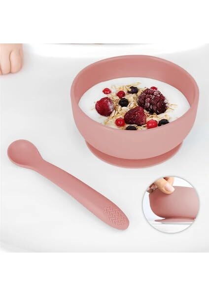 Vakumlu Silikon Bebek Mama Kasesi - Vakum Tabanlı Kase - Silikon Diş Kaşıyıcı Kaşık - Pembe