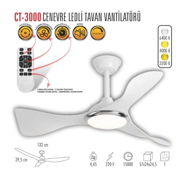 Cata Cenevre Ledli Tavan Vantilatörü Ct-3000