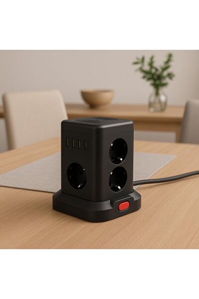 Kule Tipi Çoklu Priz, 3 USB-A + 1 Type-C Çıkışlı, Akım Korumalı, Tek Tuş Kontrollü Masaüstü Priz